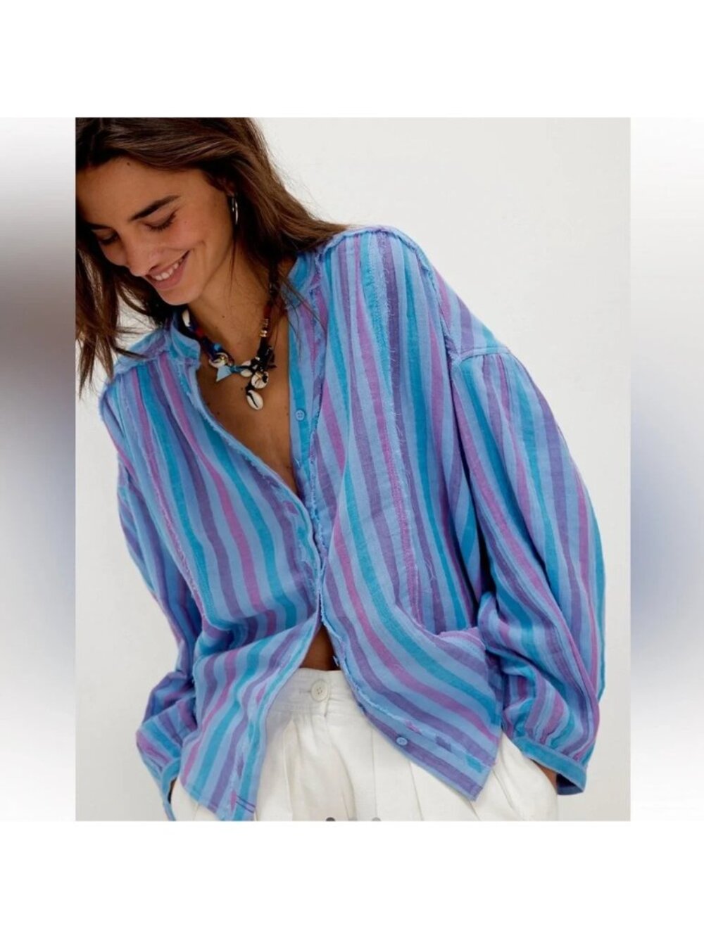 NWT Free People We the Free Valley Double Cloth Striped Shirt Blue Combo SMALL - Picture 2 of 9